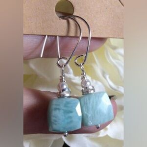 Sterling Silver & Amazonite Earrings Shimmering Ice Blue Cube Gems w Pearl